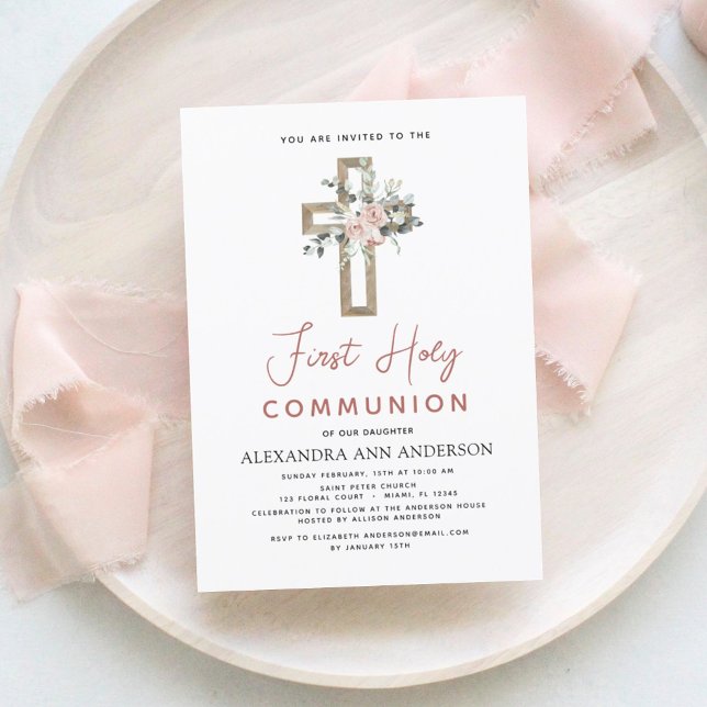 Blush Pink First Holy Communion Floral Invitation (Creator Uploaded)