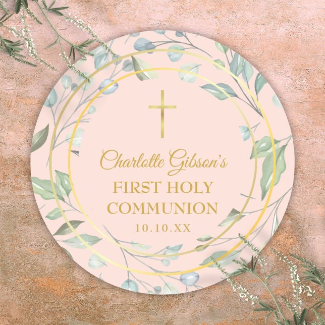 Blush Pink First Holy Communion Greenery Classic Round Sticker (Blush Pink First Holy Communion Greenery Classic Round Sticker)