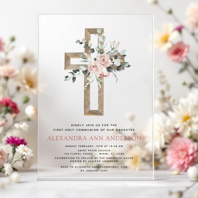 Blush Pink First Holy Communion Rose Greenery Acrylic Invitations (Creator Uploaded)