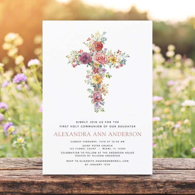 Blush Pink First Holy Communion Rose Greenery Invitation (Creator Uploaded)