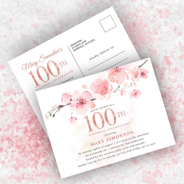 Blush Pink Floral 100th Birthday Invitation Postcard (Creator Uploaded)