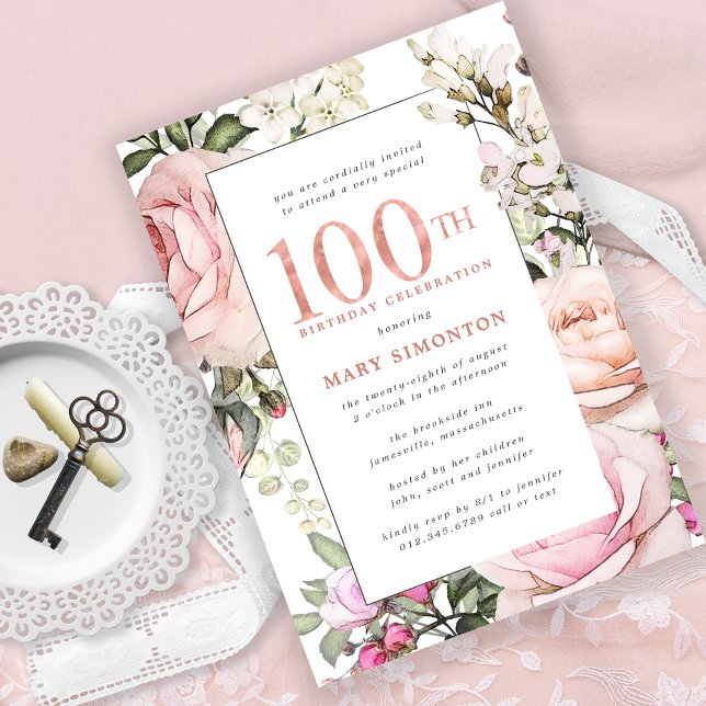 Blush Pink Floral 100th Birthday Party Invitation (Creator Uploaded)
