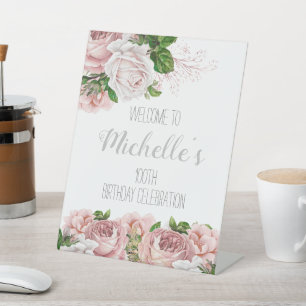 Blush Pink Floral 100th Birthday Welcome Pedestal Sign
