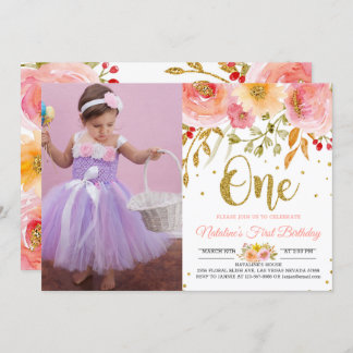 Blush pink floral 1st birthday photo invitation