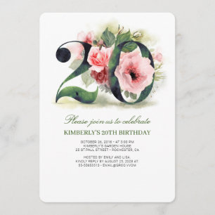 Blush Pink Floral 20th Birthday Party Invitation