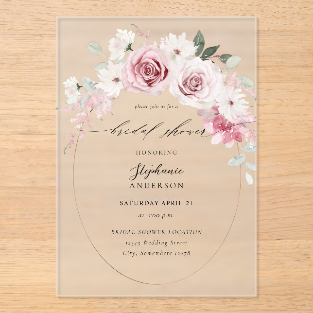 Blush Pink Floral 2 Bridal Shower  Acrylic Invitations (Front)