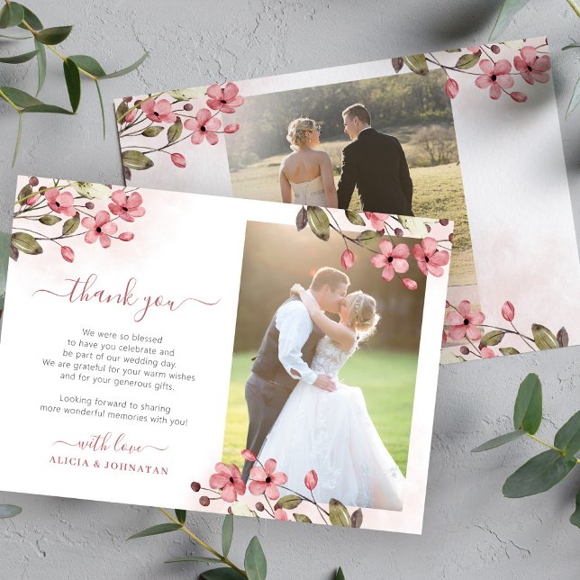 Blush pink floral 2 photos elegant script wedding thank you card (Creator Uploaded)