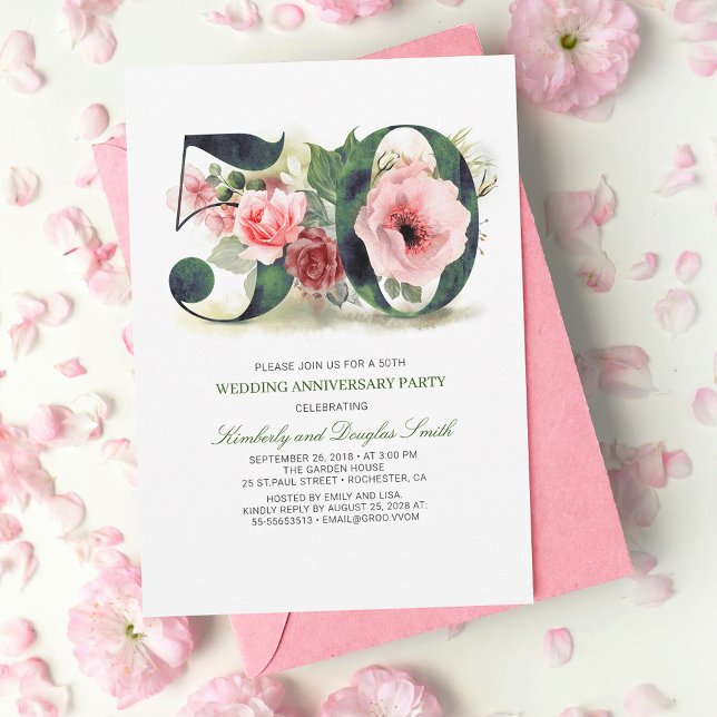 Blush Pink Floral 50th Wedding Anniversary Invitation (Creator Uploaded)