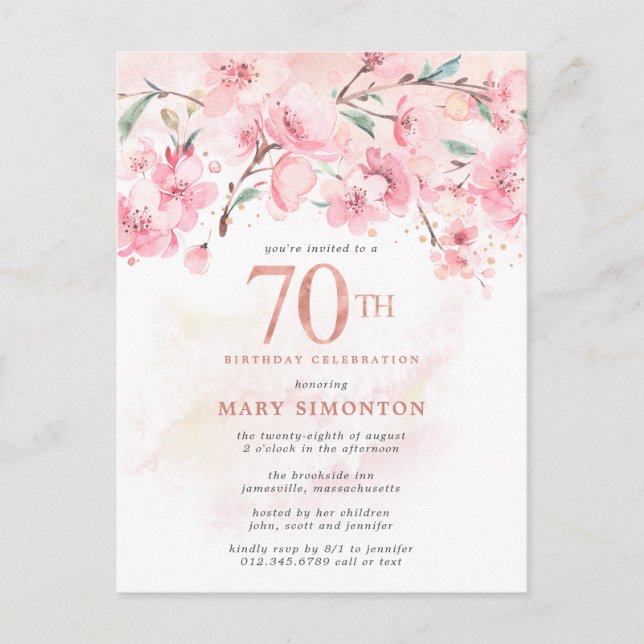 Blush Pink Floral 70th Birthday Invitation Postcar Postcard (Front)