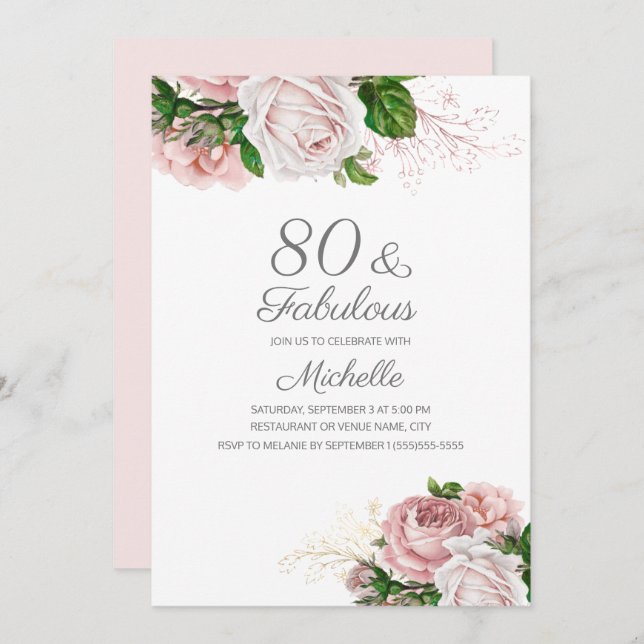 Blush Pink Floral 80 and Fabulous Birthday Invitation (Front/Back)