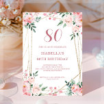 Blush Pink Floral 80th Birthday Invitation<br><div class="desc">Looking for a beautiful and elegant birthday invitation? Check out our blush pink floral invitation with a stunning gold geometric frame! This customisable invitation is perfect for any birthday celebration, whether it's a sweet 16, 30th, or 60th. The delicate pink flowers add a touch of femininity, while the gold frame...</div>