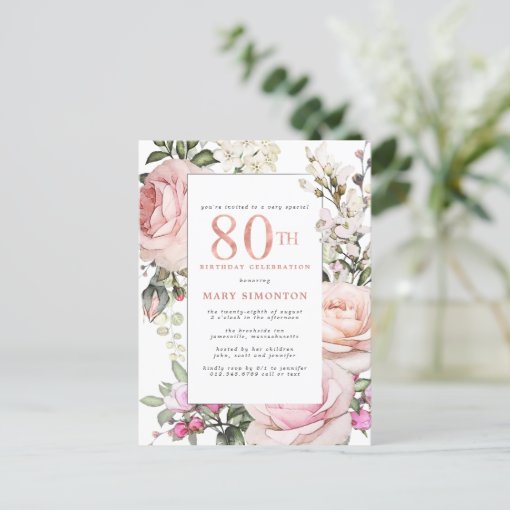 Blush Pink Floral 80th Birthday Party Invitation Postcard | Zazzle