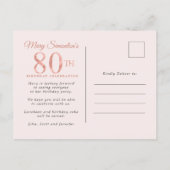 Blush Pink Floral 80th Birthday Party Invitation Postcard (Back)