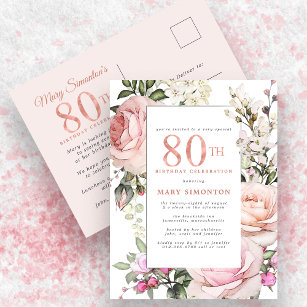 Blush Pink Floral 80th Birthday Party Invitation Postcard