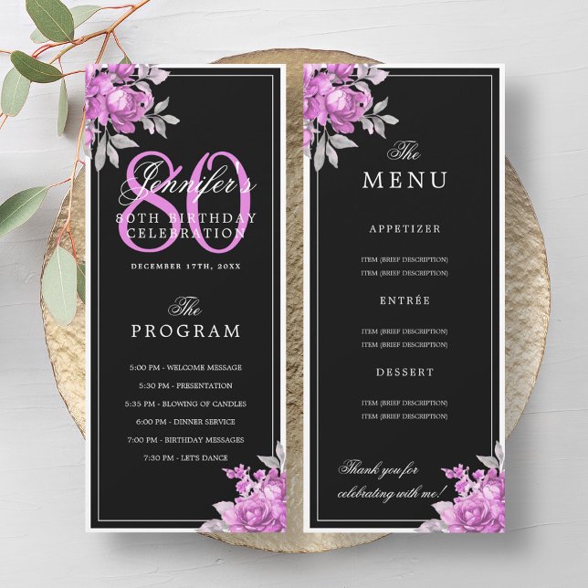 Blush Pink Floral 80th Birthday Program Menu Black (Blush Pink Floral 80th Birthday Program Menu Black)