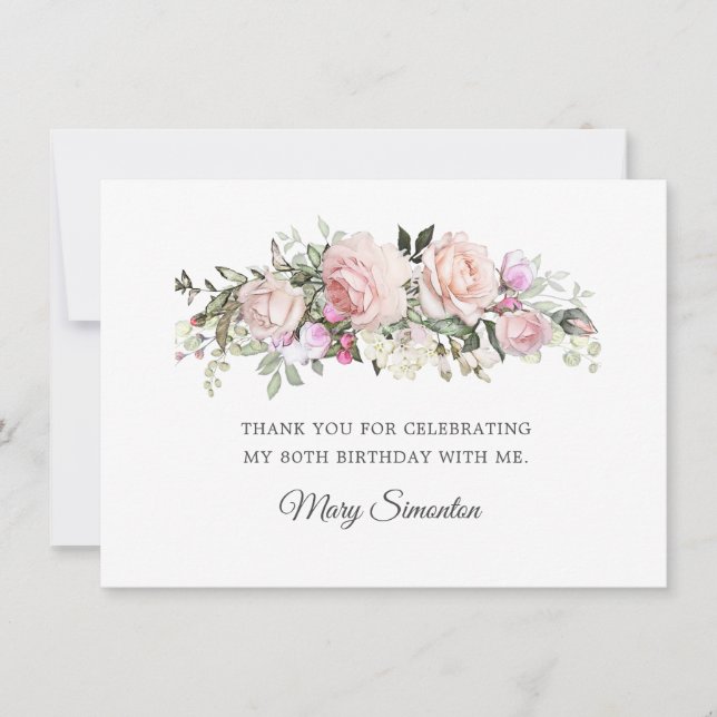 Blush Pink Floral 80th Birthday Thank You Card (Front)