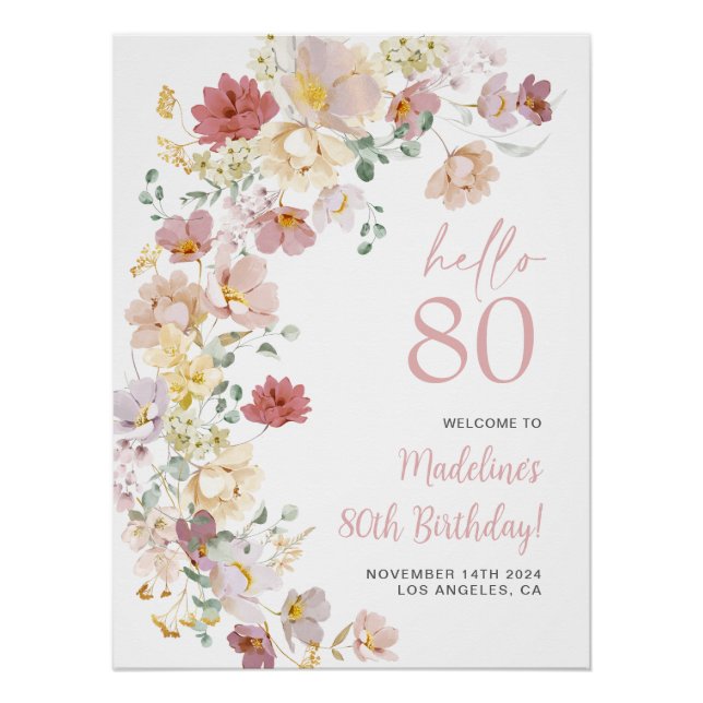 Blush Pink Floral 80th Birthday Welcome Poster (Front)
