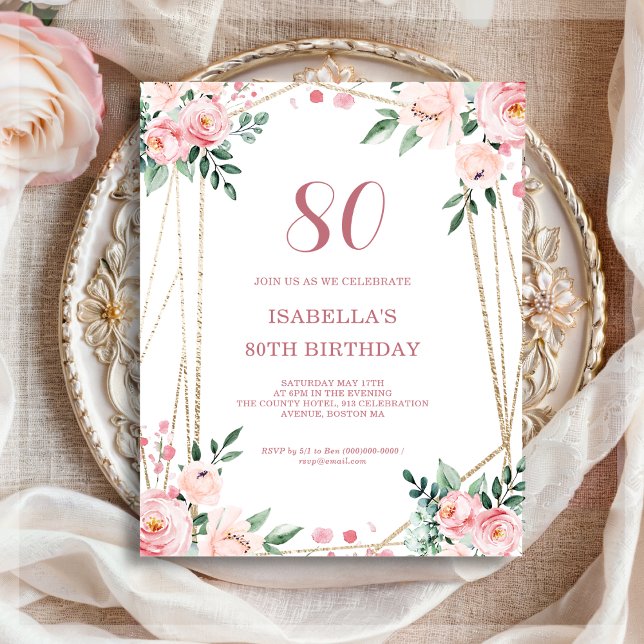 Blush Pink Floral 80th Budget Birthday Invitation (Creator Uploaded)