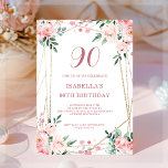 Blush Pink Floral 90th Birthday Invitation<br><div class="desc">Looking for a beautiful and elegant birthday invitation? Check out our blush pink floral invitation with a stunning gold geometric frame! This customisable invitation is perfect for any birthday celebration, whether it's a sweet 16, 30th, or 60th. The delicate pink flowers add a touch of femininity, while the gold frame...</div>