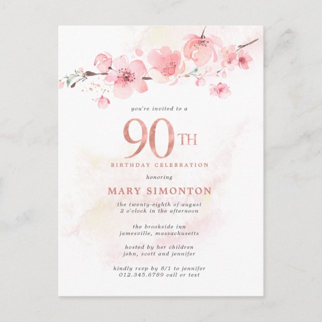 Blush Pink Floral 90th Birthday Invitation Postcard (Front)