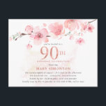 Blush Pink Floral 90th Birthday Invitation Postcard<br><div class="desc">A lovely pink floral arrangement of cherry blossoms on a branch. 90th is written in large rose gold numbers. A soft pink watercolor wash gives the white background a warm touch.</div>