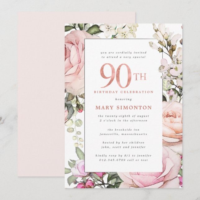 Blush Pink Floral 90th Birthday Party Invitation (Front/Back)