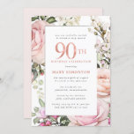 Blush Pink Floral 90th Birthday Party Invitation<br><div class="desc">Honour a special woman with this elegant and feminine 90th Birthday party invitation. 90th is written in large pink text. Birthday celebration follows. The honoured guest's name is also in pink capital letters. The remainder of the text is soft dove grey. The birthday celebration details are surrounded by a chic...</div>