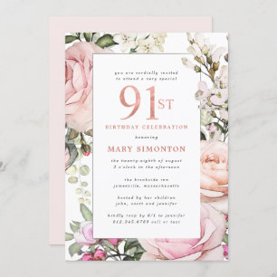 Blush Pink Floral 91st Birthday Party Invitation