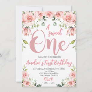 Blush Pink Floral A Sweet One First Birthday Invitation