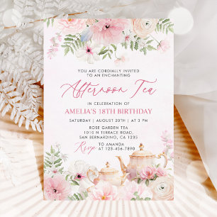 Blush Pink Floral Afternoon Tea Birthday Party Invitation