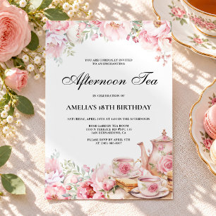 Blush Pink Floral Afternoon Tea Birthday Party Invitation