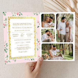 Blush Pink Floral All in One Gold Indian Wedding Invitation