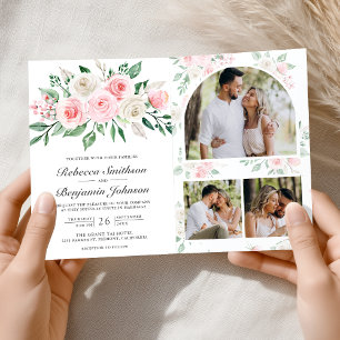 Blush Pink Floral All in One QR Code Wedding Invitation