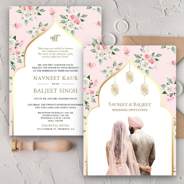 Blush Pink Floral Anand Karaj Sikh Wedding Invitation (Creator Uploaded)