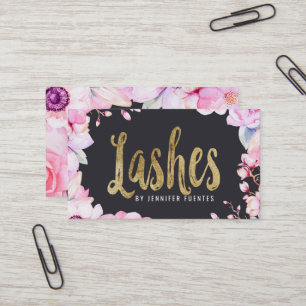 Blush Pink Floral and Black Gold Lashes Business Card