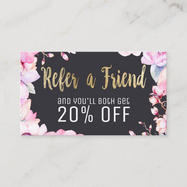 Blush Pink Floral and Black Gold Loyalty Referral Card (Front)