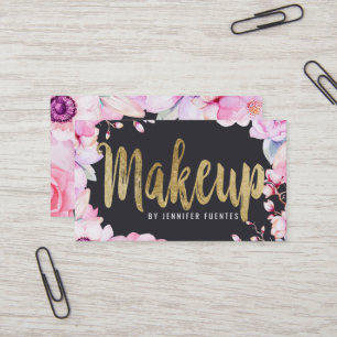 Blush Pink Floral and Black Gold Makeup Artist Business Card