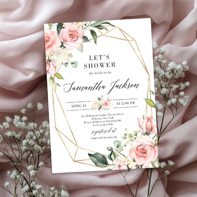 Blush Pink Floral and Gold Glitter bridal shower Invitation (Blush Pink Floral and Gold Glitter bridal shower Invitation)