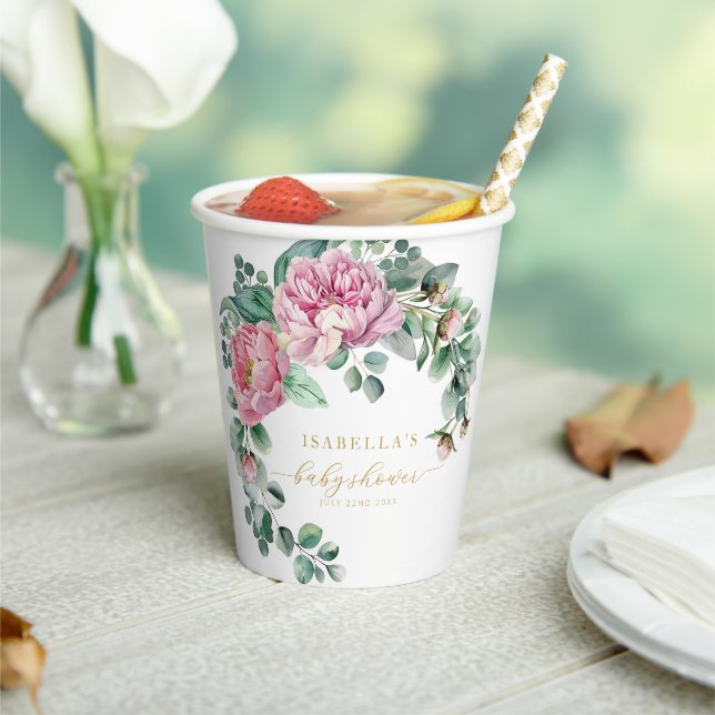 Blush Pink Floral and Gold Greenery Baby Shower Pa Paper Cups (Insitu)
