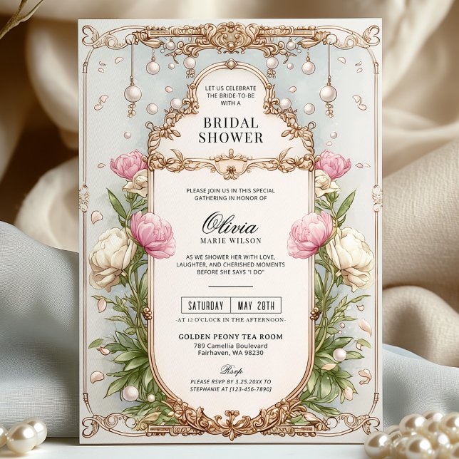 Blush Pink Floral and Greenery Pearl Bridal Shower Invitation (Creator Uploaded)