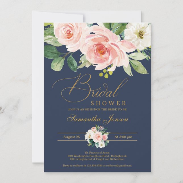 Blush pink floral and navy boho bridal shower invitation (Front)