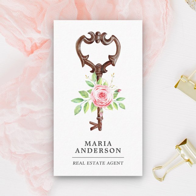 Blush Pink Floral Antique Key Real Estate Agent Business Card (Creator Uploaded)