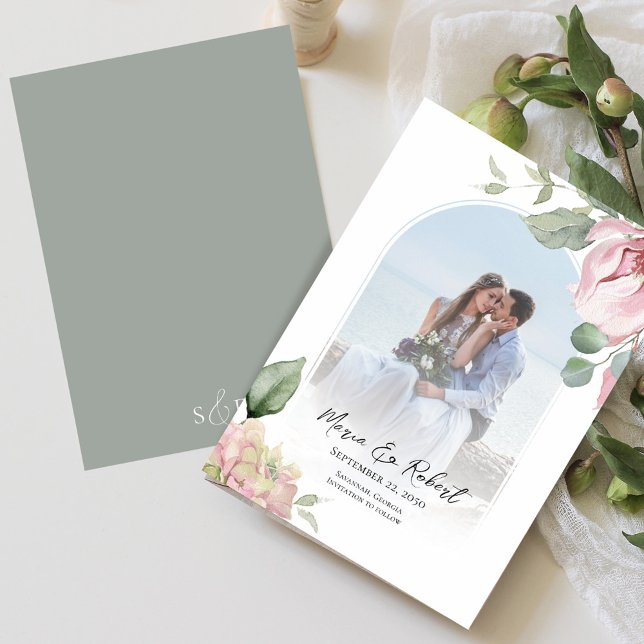 Blush Pink Floral Arch Elegant Wedding  Save The Date (Elegant wedding save the date photo card. )