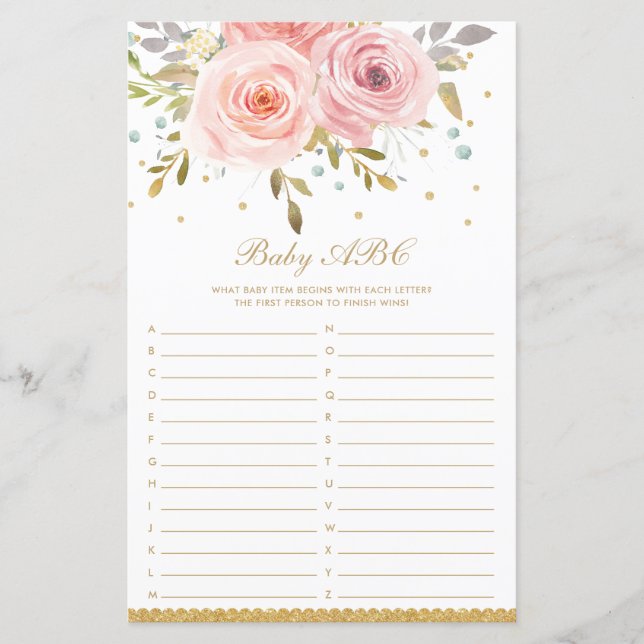 Blush Pink Floral Baby ABC Fun Baby Shower Game (Front)