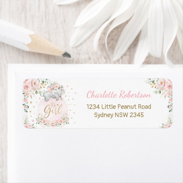 Blush Pink Floral Baby Elephant Return Address Label (Insitu)