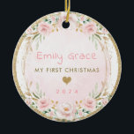 Blush Pink Floral Baby First 1st Christmas Ceramic Ornament<br><div class="desc">This pretty ornament features an elegant composition of blush overlay adorned with pastel pink floral wreaths and greenery. Click the "customise further" button if you wish to re-arrange and format the style and placement of the text.</div>