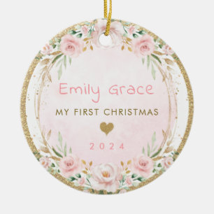 Blush Pink Floral Baby First 1st Christmas Ceramic Ornament