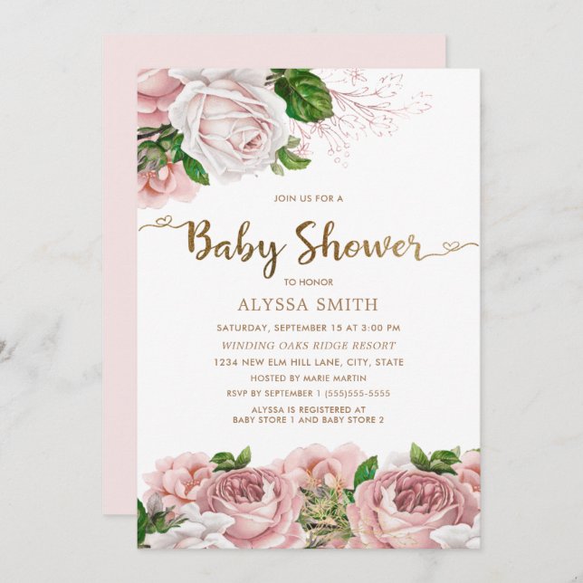 Blush Pink Floral Baby Girl Baby Shower Script Invitation (Front/Back)