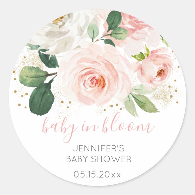 Blush Pink Floral Baby In Bloom Baby Shower Classic Round Sticker (Front)