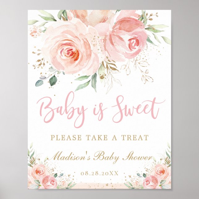 Blush Pink Floral Baby is Sweet Treat Baby Shower Poster (Front)